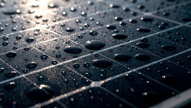 Macro Close Up of Dark Blue Solar Panel with Shimmering Morning Dew Drops