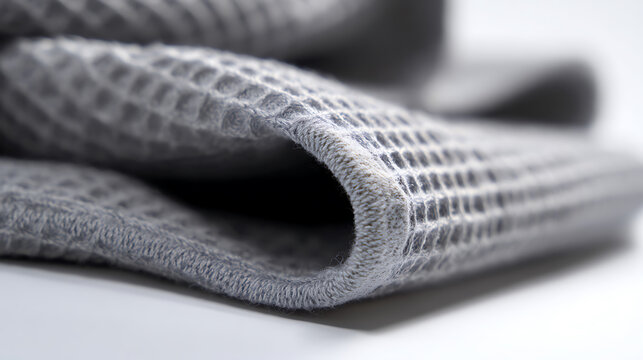 Soft Gray Waffle Weave Fabric Detail: Cozy Texture, Absorbent Material, Comfort Textile, Plush Design, Close-up Macro, Home Decor Element