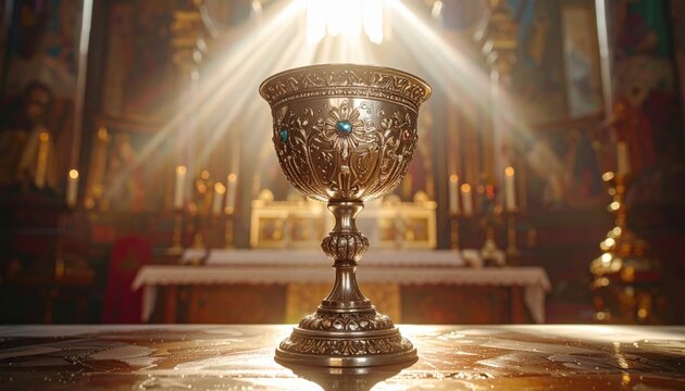 An elaborately engraved silver chalice, adorned with radiant blue gemstones, stands illuminated by divine light on a reflective altar in a sacred church setting.