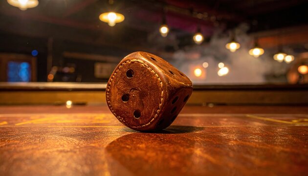 A worn leather dice cup with visible stitching, tilted on a polished wooden table