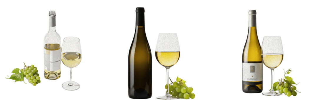 Glass of White Wine with Bottle and Green Grapes Bunch, Elegant Dinner Celebration Beverage Set on Transparent Background