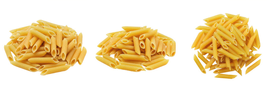 Heap of Uncooked Italian Penne Pasta, Dried Durum Wheat Flour Macaroni Slices, Traditional Culinary Food Asset on Transparent Background