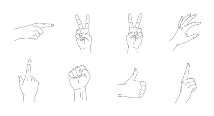 Set of Hand Gestures Line Art Icons: Pointing, Peace, OK, Grab, Fist, Thumbs Up © ati