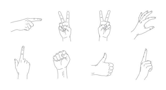 Set of Hand Gestures Line Art Icons: Pointing, Peace, OK, Grab, Fist, Thumbs Up