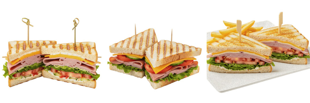 Club sandwich wedges with toothpicks premium PNG stock photo, realistic layered toast bread meat cheese salad snack isolated on white background asset