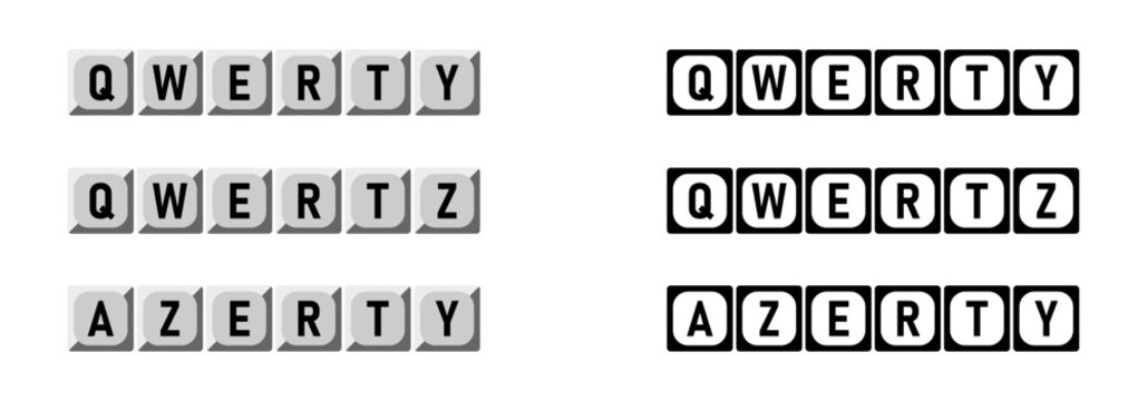 Stylized Keyboard Layout Types Icon Set including English QWERTY German QWERTZ and French AZERTY with 3D Style Key Button and Flat Design. Vector Image.