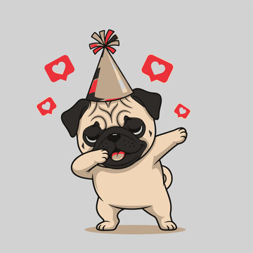 Cute cartoon pug in a party hat doing the dab dance surrounded by social media likes.