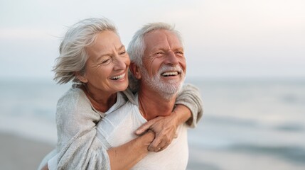 Fototapeta premium Lovely couple romantic moment. An older couple embracing on the beach, both wearing white clothing. The background is slightly blurred, emphasizing the couple as the primary focus.
