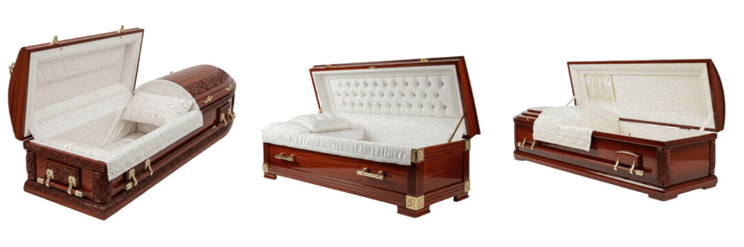 Open wooden coffin casket premium PNG stock photo, realistic classic timber funeral burial box upholstery textile isolated on white background design asset
