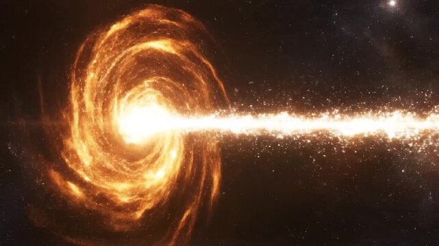 Bright energetic galaxy vortex with powerful light beam in deep space