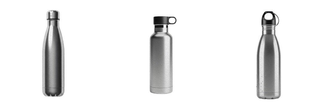 Stainless steel water bottle flask premium PNG stock photo, realistic reusable metallic sports drink container cap isolated on white background design asset