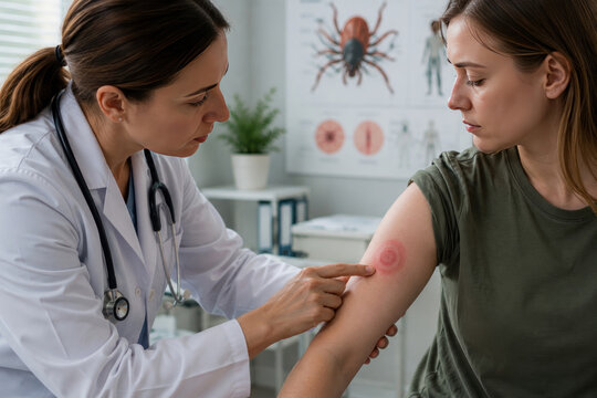 Doctor Examining Tick Bite Rash on Patient Arm in Medical Clinic