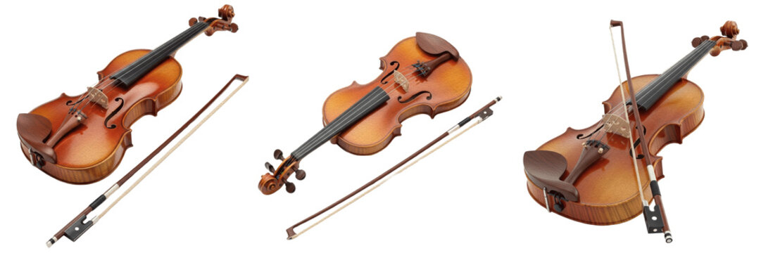Classical wooden violin with bow musical premium PNG stock photo, realistic orchestra string instrument acoustic melody isolated on white background asset