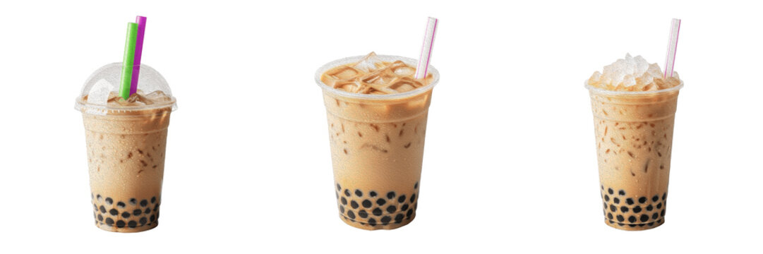 Iced boba milk tea tapioca pearls premium PNG stock photo, realistic sweet bubble tea beverage plastic cup straw isolated on white background design asset