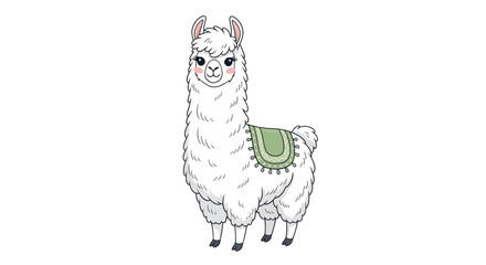 Cute fluffy white llama with green saddle, cartoon style, isolated on white background © Azis