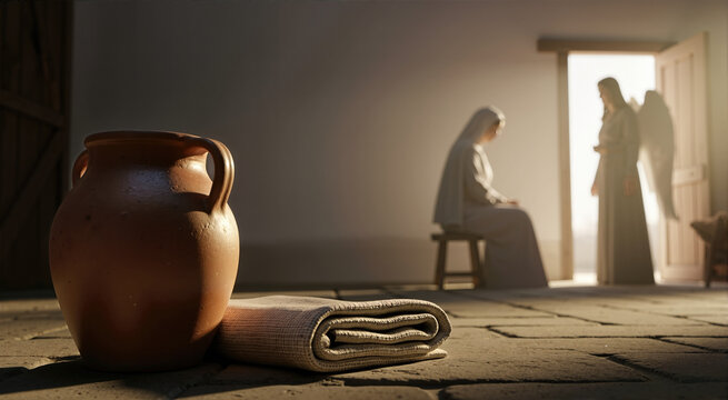 Terracotta clay jar and folded fabric on stone floor. Blurred background of the Annunciation with Virgin Mary and Angel Gabriel in golden light