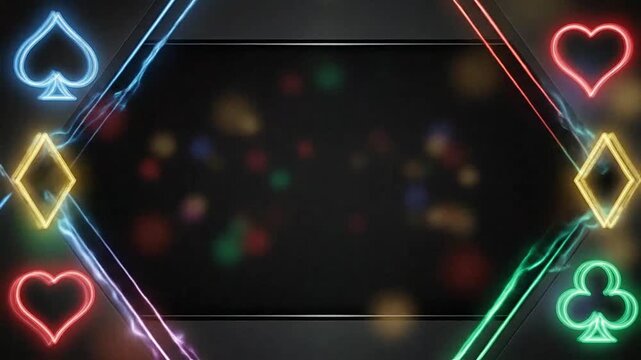 Abstract background with glowing card suits and bokeh lights