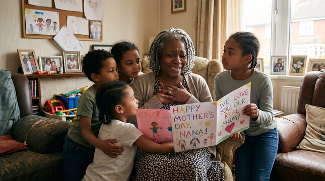 Grandmother receiving a handmade mothers day card from her grandchildren