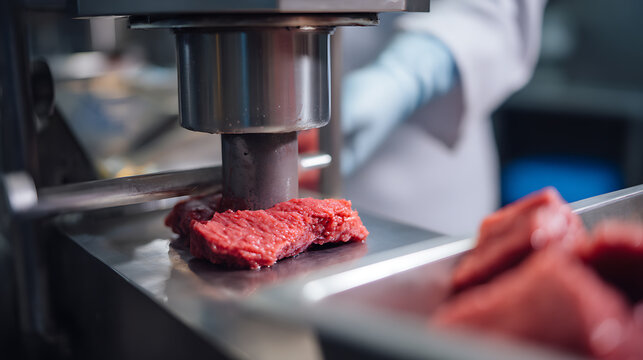 Close up of a worker in hygienic uniform and protective gloves operating industrial equipment with raw meat in a processing plant