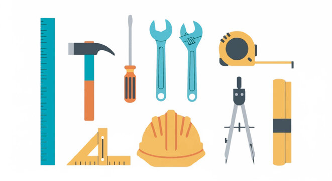 Flat Vector Illustration Set of Construction and Carpentry Tools for DIY and Home Improvement