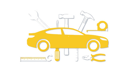 Fototapeta premium Yellow Automobile Silhouette with Repair Tools Concept - Car Maintenance, Auto Service, and Mechanic Workshop Icon on White Background