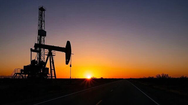 Silhouette of an oil pump jack against a vibrant sunset sky
