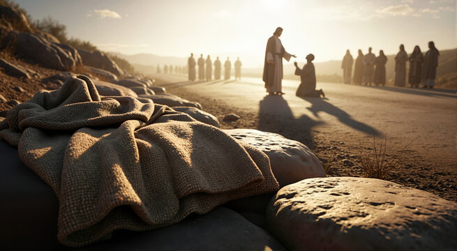 Worn woven cloak on stones with blurred biblical scene in background. Jesus healing a kneeling figure on a dusty road at sunset