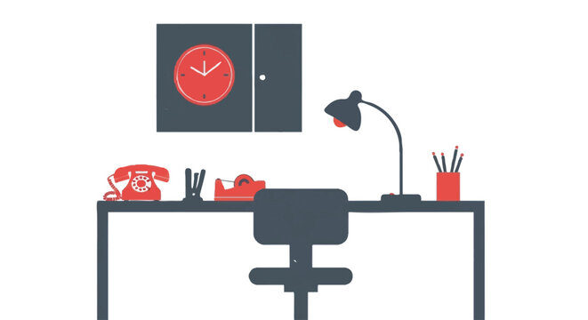 Minimalist Vector Illustration of a Modern Workspace with Retro Office Supplies, Desk Lamp, and Wall Clock on White Background
