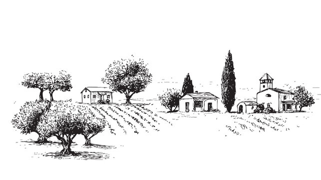 Olive trees landscape sketch, mediterranean countryside house illustration