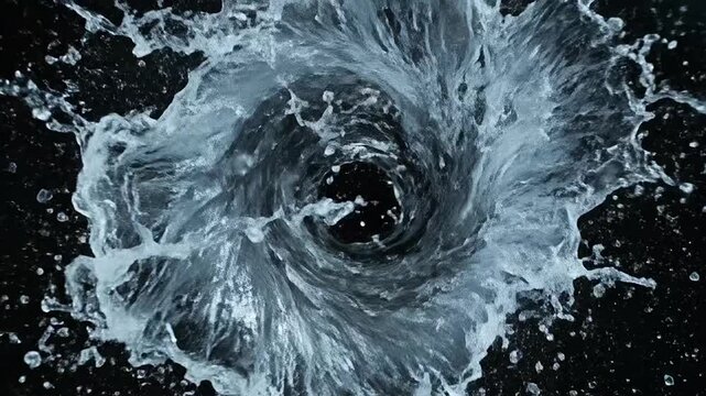 A powerful vortex of clear liquid swirls dynamically against a dark background