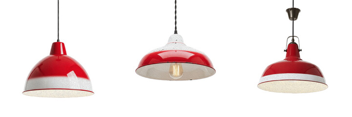 Isolated Modern Red Pendant Light Ceiling Lamp Industrial Hanging Chandelier Fixture on Plain White Background as High Quality Cutout PNG Set Asset File © Gooer