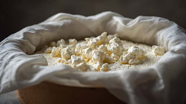Fresh, creamy curd cheese or ricotta in a rustic bowl lined with a white cheesecloth, highlighting its homemade quality and natural texture