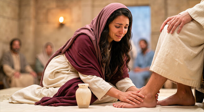 Weeping woman kneeling to touch the bare feet of a seated figure. Historical scene with an alabaster jar on the floor illuminated by warm amber light. Biblical narrative