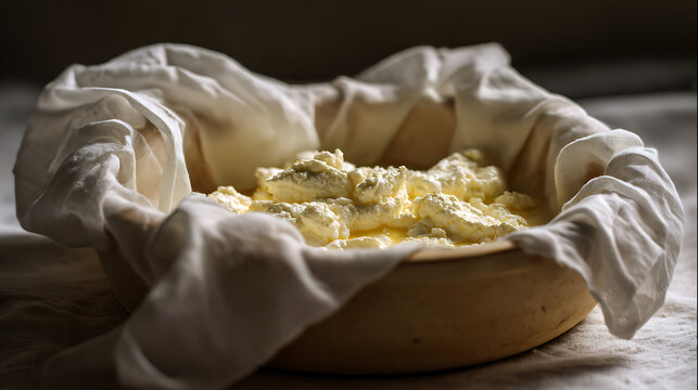 Fresh, creamy cheese curd or ricotta draped in a thin white cloth, resting in a rustic earthenware bowl, ready for culinary use, close up