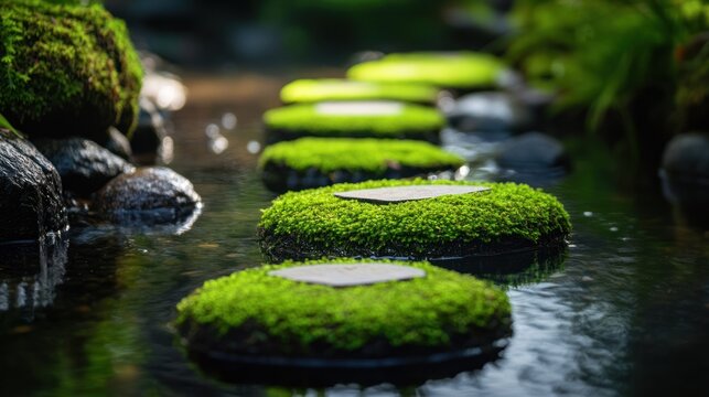 Green mossy stepping stones across a tranquil flowing stream