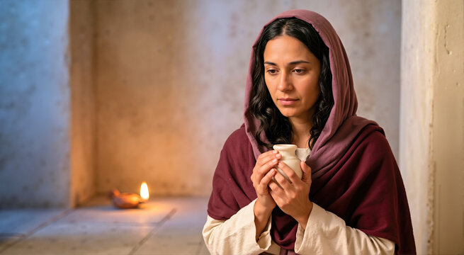 Devoted woman holding a pale alabaster jar in a dimly lit stone