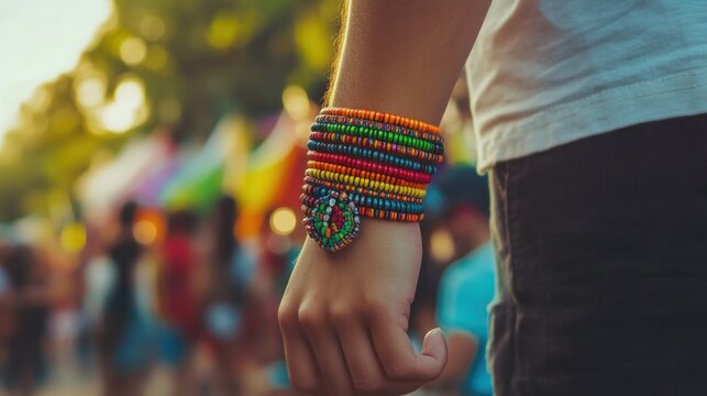 Multicolored beaded bracelets on a wrist.