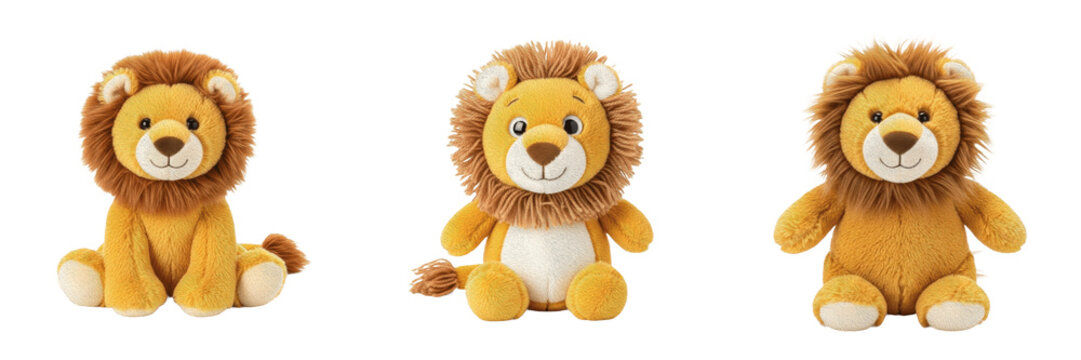 Isolated Cute Sitting Plush Lion Toy Fluffy Stuffed Wild Animal Mascot Character on Plain White Background as High Quality Cutout PNG Set Asset File