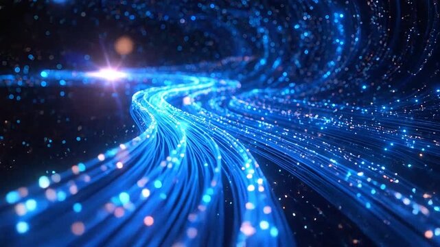 Abstract digital stream of glowing blue light particles flowing through a dark void