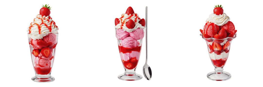 Isolated Delicious Strawberry Ice Cream Sundae Parfait in Glass with Spoon Layered Dessert on Plain White Background as High Quality Cutout PNG Set Asset File