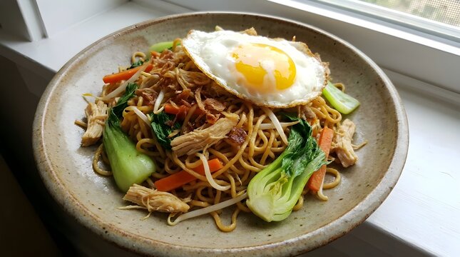Delicious Bakmi Goreng Savory Fried Noodles with Fresh Vegetables and a Sunny-Side-Up Egg