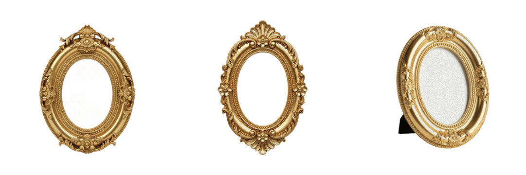 Isolated Empty Vintage Golden Oval Picture Frame Ornate Classical Carved Border on Plain White Background as High Quality Cutout PNG Set Asset File