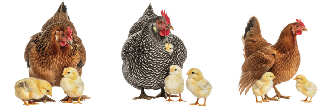 Isolated Domestic Black Hen Chicken Standing Proudly with Cute Little Yellow Chicks on Plain White Background as High Quality Cutout PNG Set Asset File