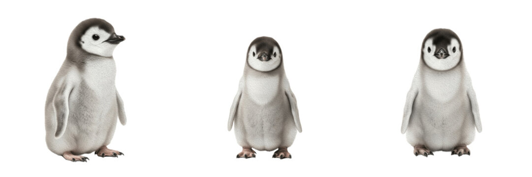 Isolated Cute Baby Penguin Chick Fluffy Down Feathers Antarctic Bird Figure on Plain White Background as High Quality Cutout PNG Set Asset File
