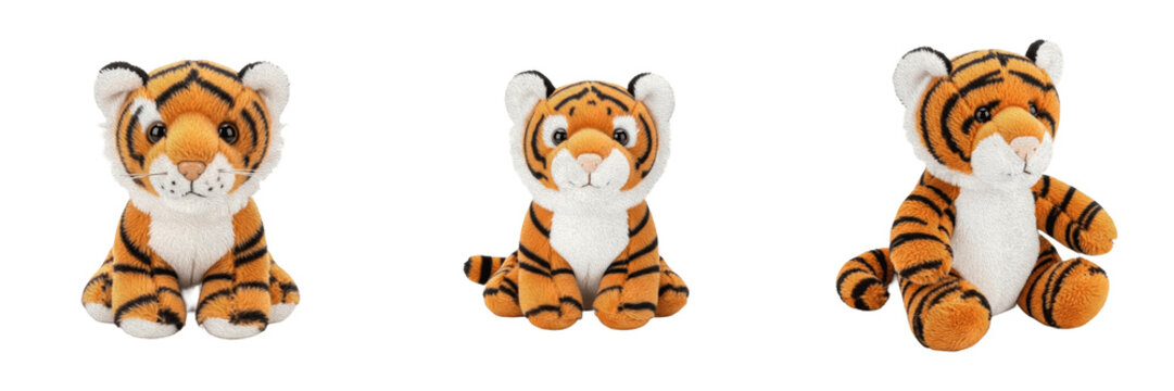 Isolated Cute Sitting Plush Tiger Toy Fluffy Stuffed Wild Animal Character on Plain White Background as High Quality Cutout PNG Set Asset File