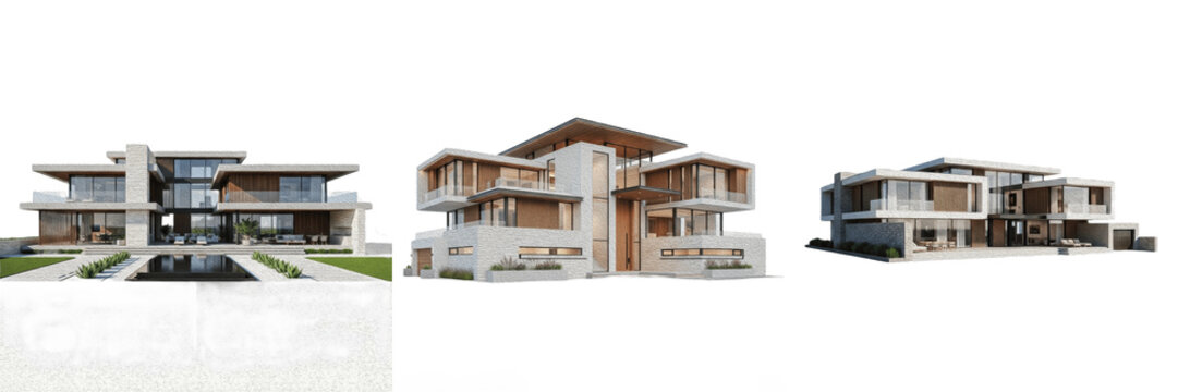 Isolated Architectural Model of Modern Two Story Luxury Villa House Residential Building on Plain White Background as High Quality Cutout PNG Set Asset File