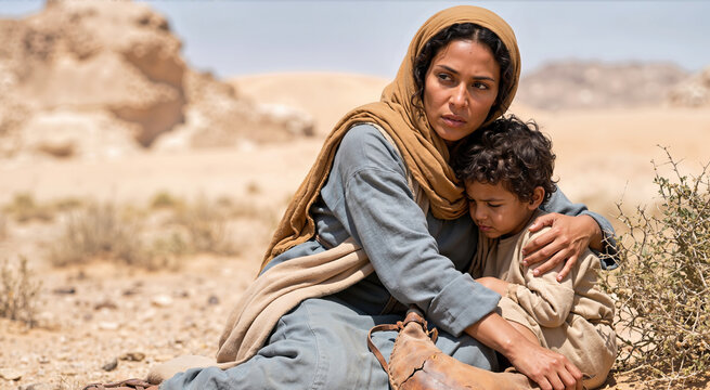 Exhausted woman and child sitting in a dry desert landscape. Mot