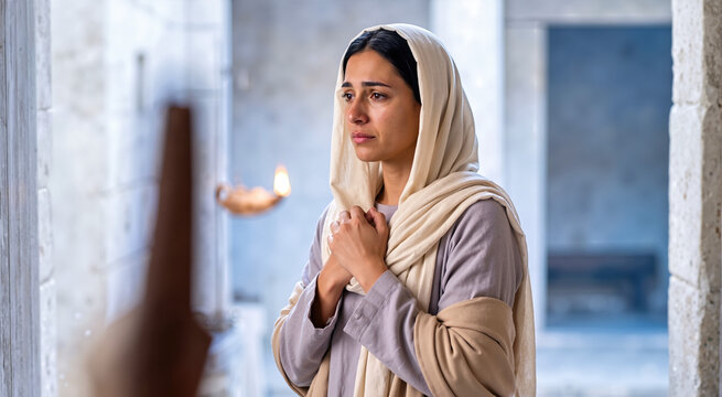 Weeping woman in cream veil and lavender robe praying with clasped hands. Hannah in a stone archway biblical scene