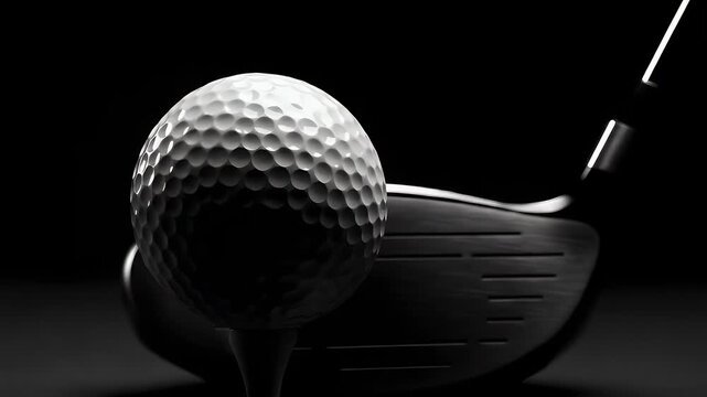 Professional golf ball resting upon a wooden tee ready for a powerful swing with a sleek metal club driver set against a stark and dramatic dark black background