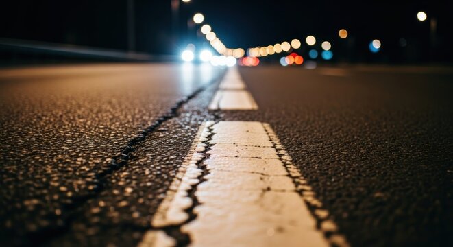 Close-up view of a nighttime roadway, featuring a textured asphalt surface and a white lane marker, with softly lit vehicles in the distance.